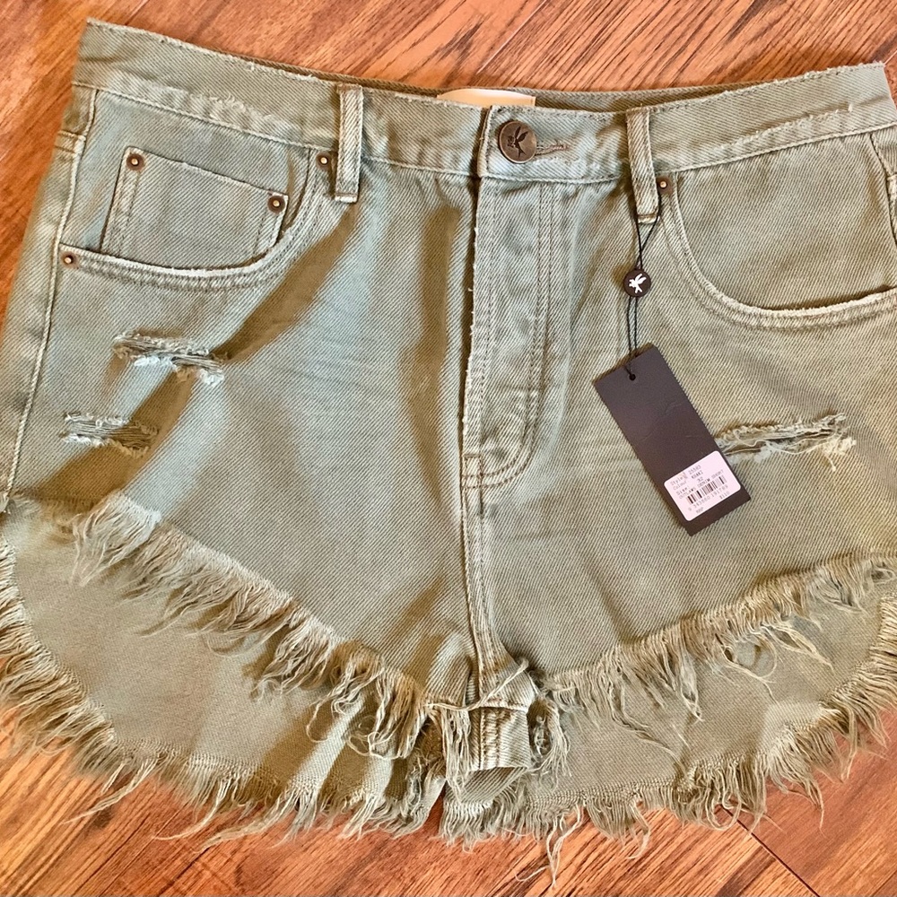Olive Green Frayed Hem Jean Shorts